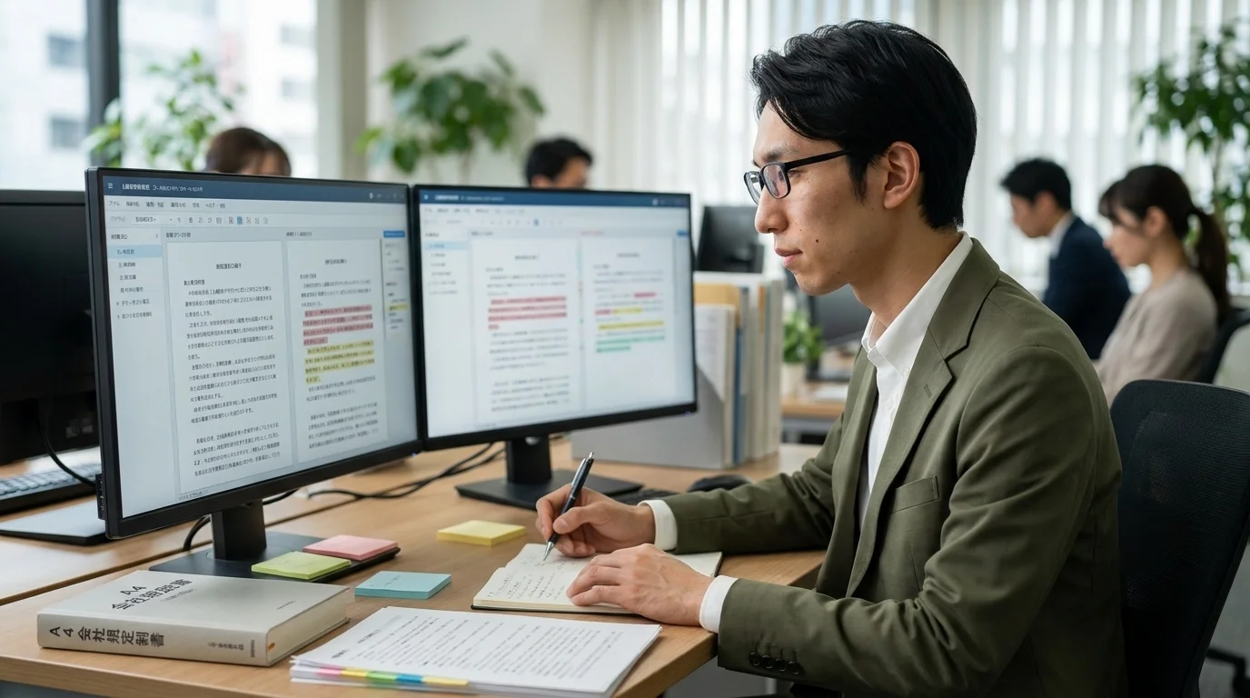A Japanese legal professional working in an office in front of two monitors. Their gaze is focused intently on the contract clauses on the screen while they take notes with a pen. The screen shows a legal tech tool with a side-by-side clause comparison and highlighted risk detections. Soft afternoon light streams through the window, and a collection of Japanese internal regulations sits on the desk.