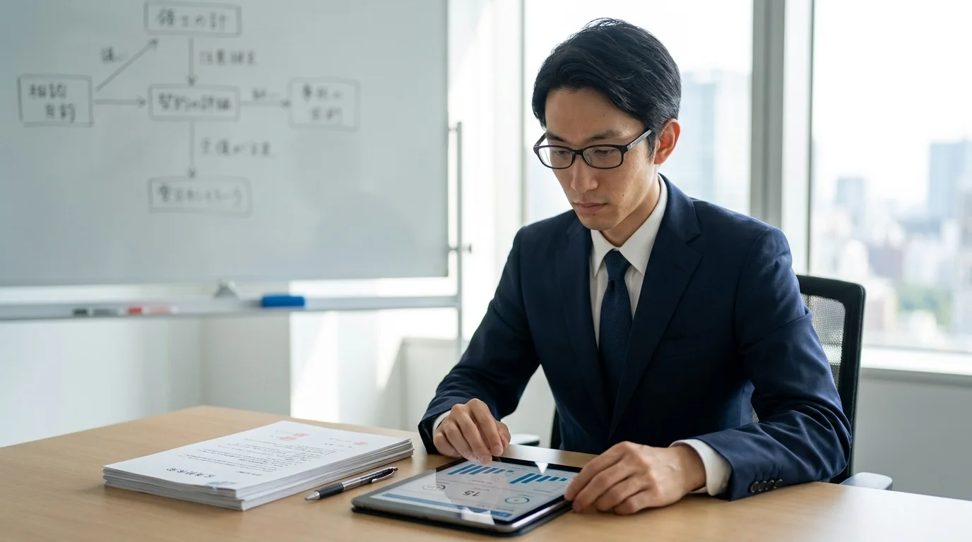 A profile view of a Japanese data analyst in a Japanese office meeting room, using a tablet to check a contract review progress dashboard. Their attention is focused on the graphs and figures on the screen, with a diagram of a business workflow visible on a whiteboard in the background. The room is bright, capturing a moment of professional decision-making.