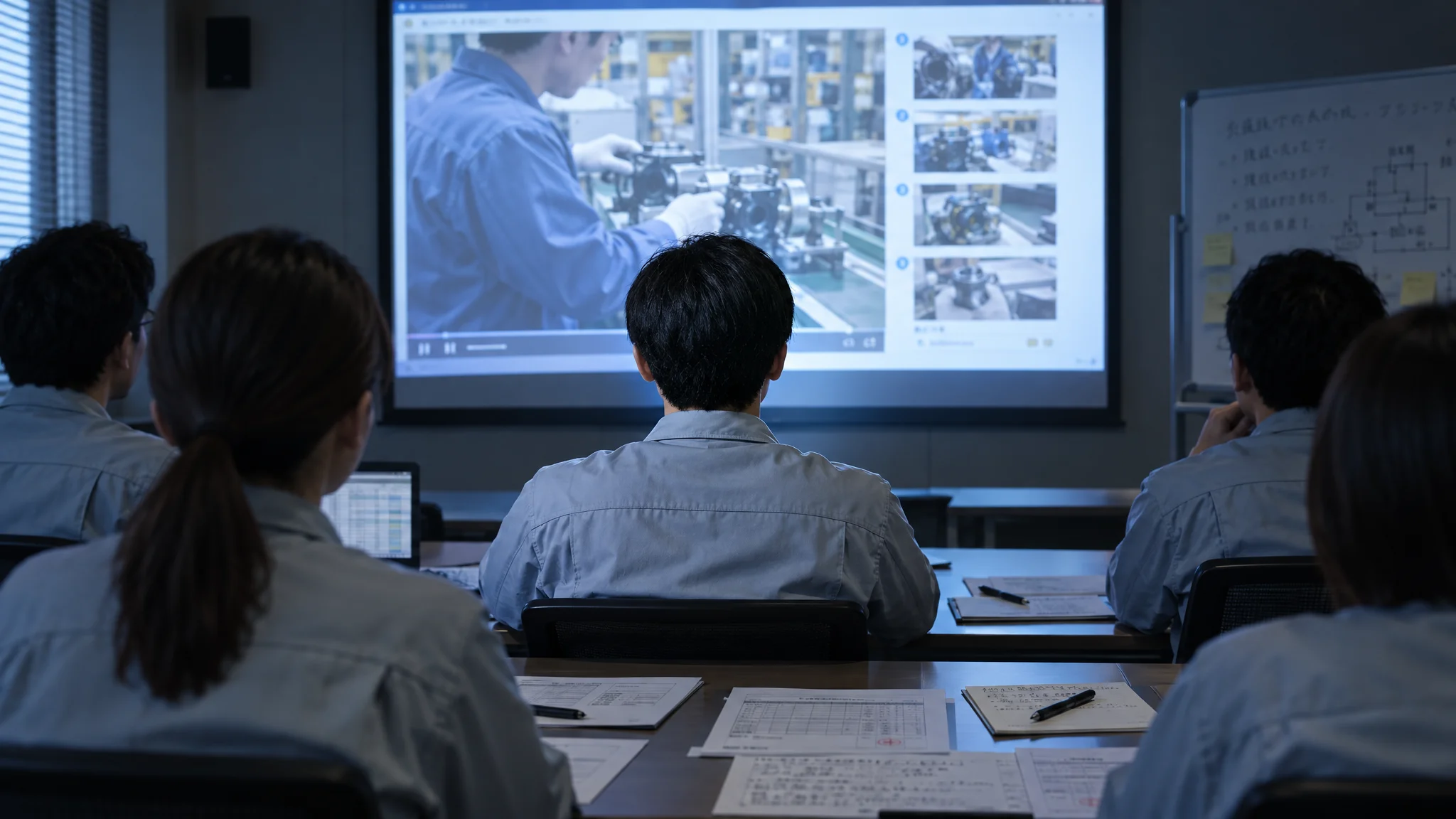 In a Japanese corporate meeting room, a Japanese leader stands in front of a whiteboard while a young Japanese employee checks a video manual on a tablet. A circular diagram labeled 'Improvement Flow Cycle' in Japanese is drawn on the whiteboard, and the two are engaged in a serious discussion while looking at the motion analysis data on the screen. Their gaze is directed at the device and the board, creating an atmosphere of positive dialogue.