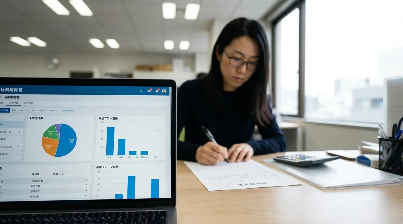 A laptop screen on a conference room table inside an office building in Tokyo. The management dashboard of a Japanese expense reimbursement system is displayed, visualizing the number of unprocessed applications and the progress of the approval flow with pie and bar charts. In the background, the profile of a Japanese accountant immersed in work with their eyes on documents is slightly visible.