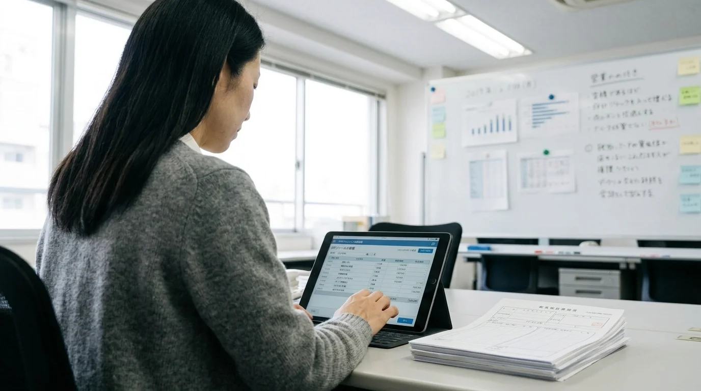 A view from diagonally behind a Japanese businessman operating a tablet in a bright office environment. The screen shows a journal entry confirmation screen linked to an ERP system, with Japanese account names neatly listed. In the background, an organized office floor and a whiteboard with data charts are visible.