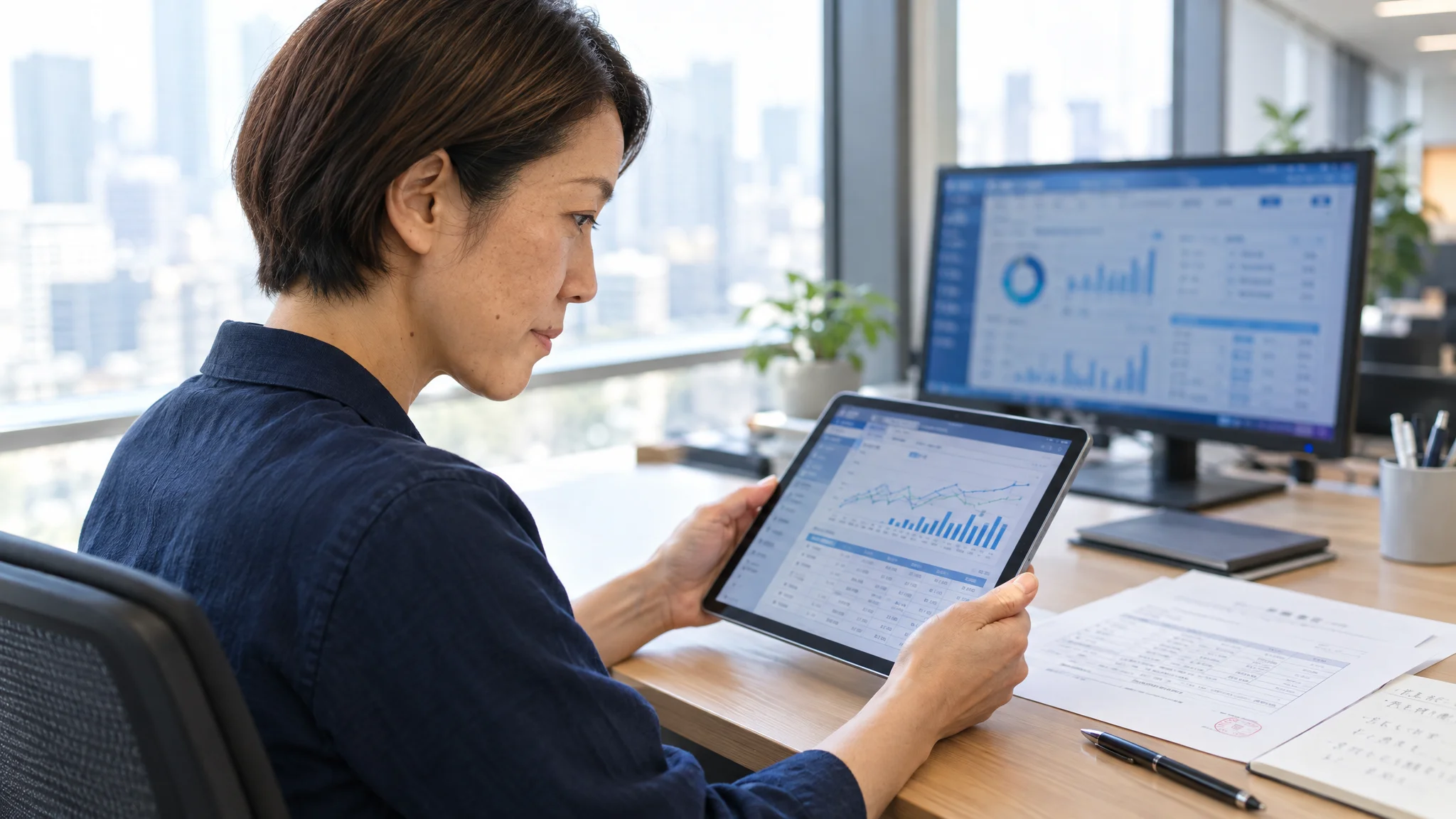 A Japanese manager in a Japanese office reviewing a data dashboard on a tablet. Their focus is on the screen in their hand, while a large monitor displaying various graphs and metrics stands in the background. Neatly organized Japanese business documents rest on the desk, conveying the atmosphere of an efficient, modern workspace.