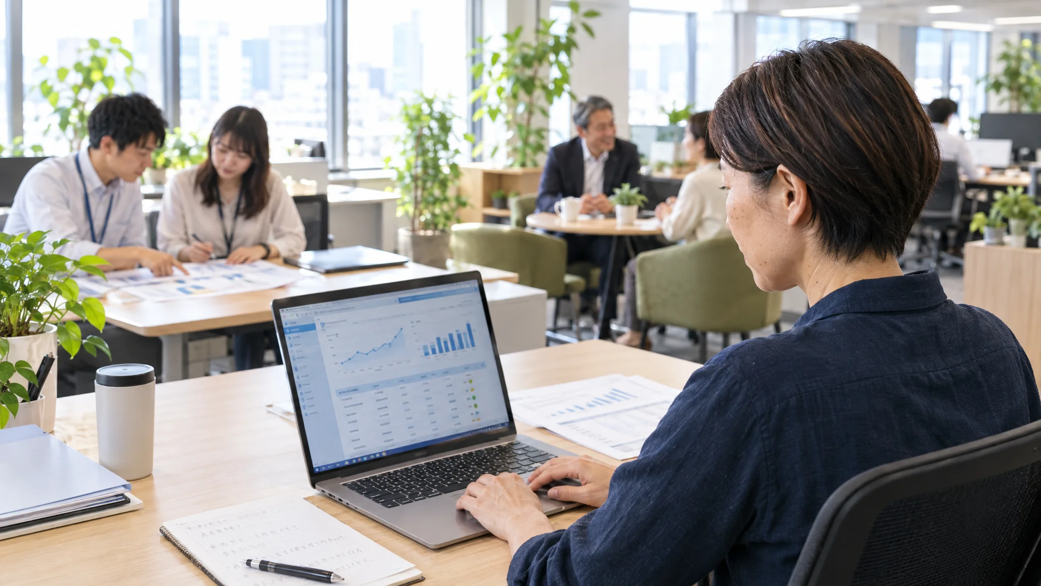 A Japanese executive standing in front of a whiteboard in a conference room, looking intently at an organizational chart and DX promotion flow written in Japanese. Their gaze is fixed on the notes on the whiteboard, holding a pen in hand. A cityscape is visible through the window, capturing a scene of quiet tension during strategic decision-making.