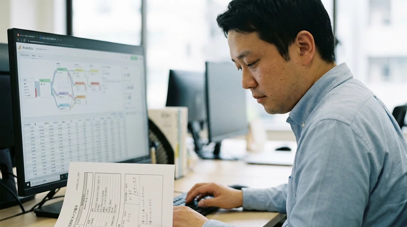 In a Japanese office, a Japanese data analyst looks at the screen with a serious expression. The screen displays a dashboard with complex business flow diagrams and numerical data, with all specific corporate logos removed. Their gaze moves back and forth between the documents at hand and the screen, conveying a sense of deep concentration on the task.