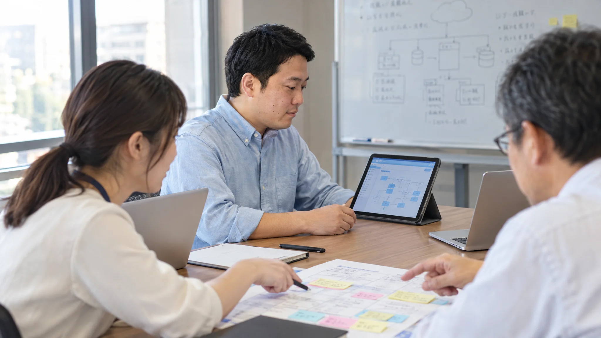 A Japanese conference room. A whiteboard covering the entire wall is filled with complex business system diagrams written in Japanese and improvement points marked with sticky notes. There are no signs or company logos. A tablet and Japanese reports are laid out on the table, with soft evening light streaming in. A space showing the traces of strategic discussion.