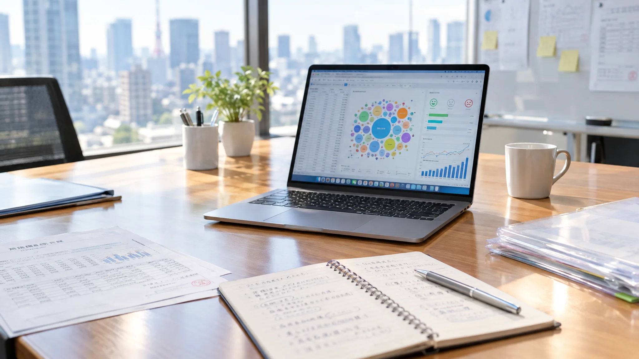 In a bright meeting room, a Japanese data analyst points to a laptop screen while reporting analysis results. The screen displays a bubble chart showing word frequency from text mining, with specific emotional words highlighted. A pen and a Japanese notepad are at hand, with key analysis points listed in bullet points.