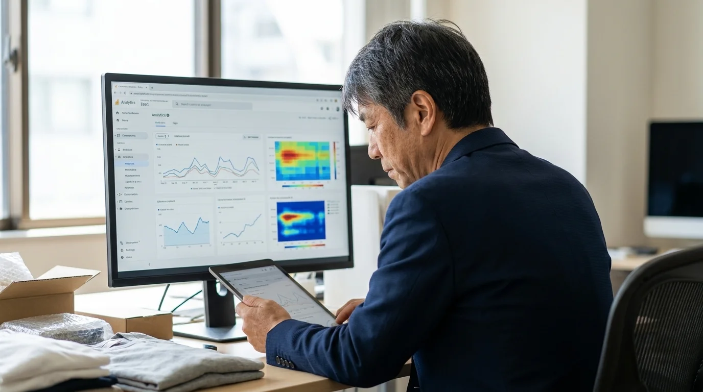 A photo taken from a diagonal rear angle of a large monitor on a desk in a Tokyo office. The screen displays a management dashboard with complex heatmaps and line graphs. In the foreground, a Japanese data analyst in a navy business jacket is immersed in work while checking a tablet device. With their gaze fixed on the screen, the scene captures the quiet concentration of an IT company office.