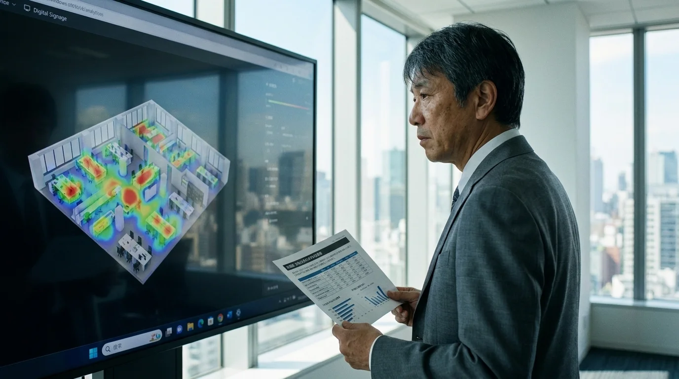 A 3D floor map of an office displayed on wall-to-wall digital signage in a bright meeting room. Congestion levels for each area are color-coded. In front of it, a Japanese executive in a gray suit analyzes the data with a serious expression, cross-referencing documents in hand with the screen. A professional scene featuring the individual's profile and a faint reflection of the city landscape outside the window.