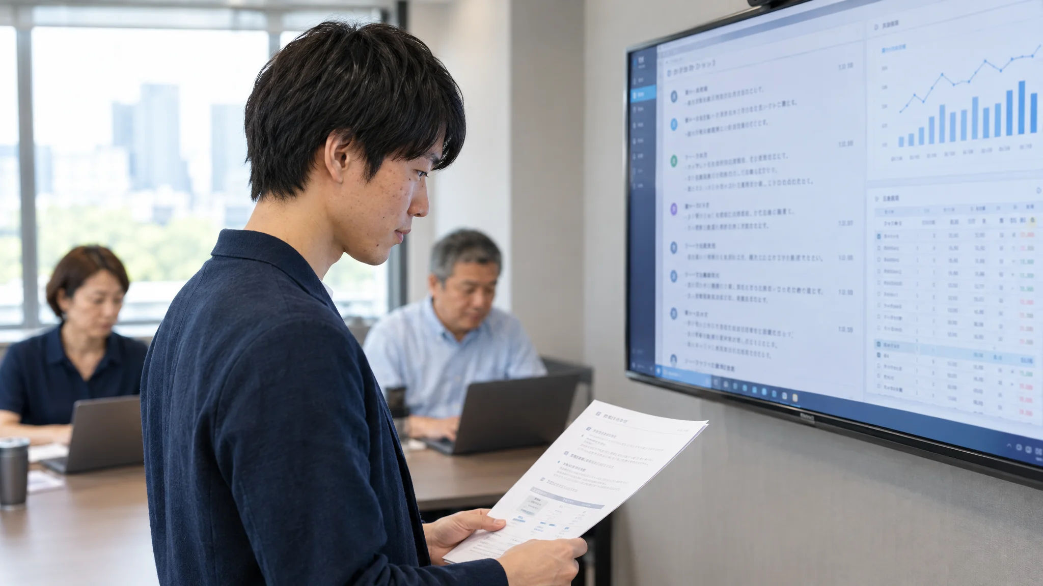 A Japanese project leader conducting a meeting in front of a large wall-mounted monitor in a Japanese office. Their gaze is directed at documents in hand and the real-time transcription text on the monitor. The monitor displays the Japanese conversation in bullet points instantly, illustrating the visualization of the meeting's discussion.
