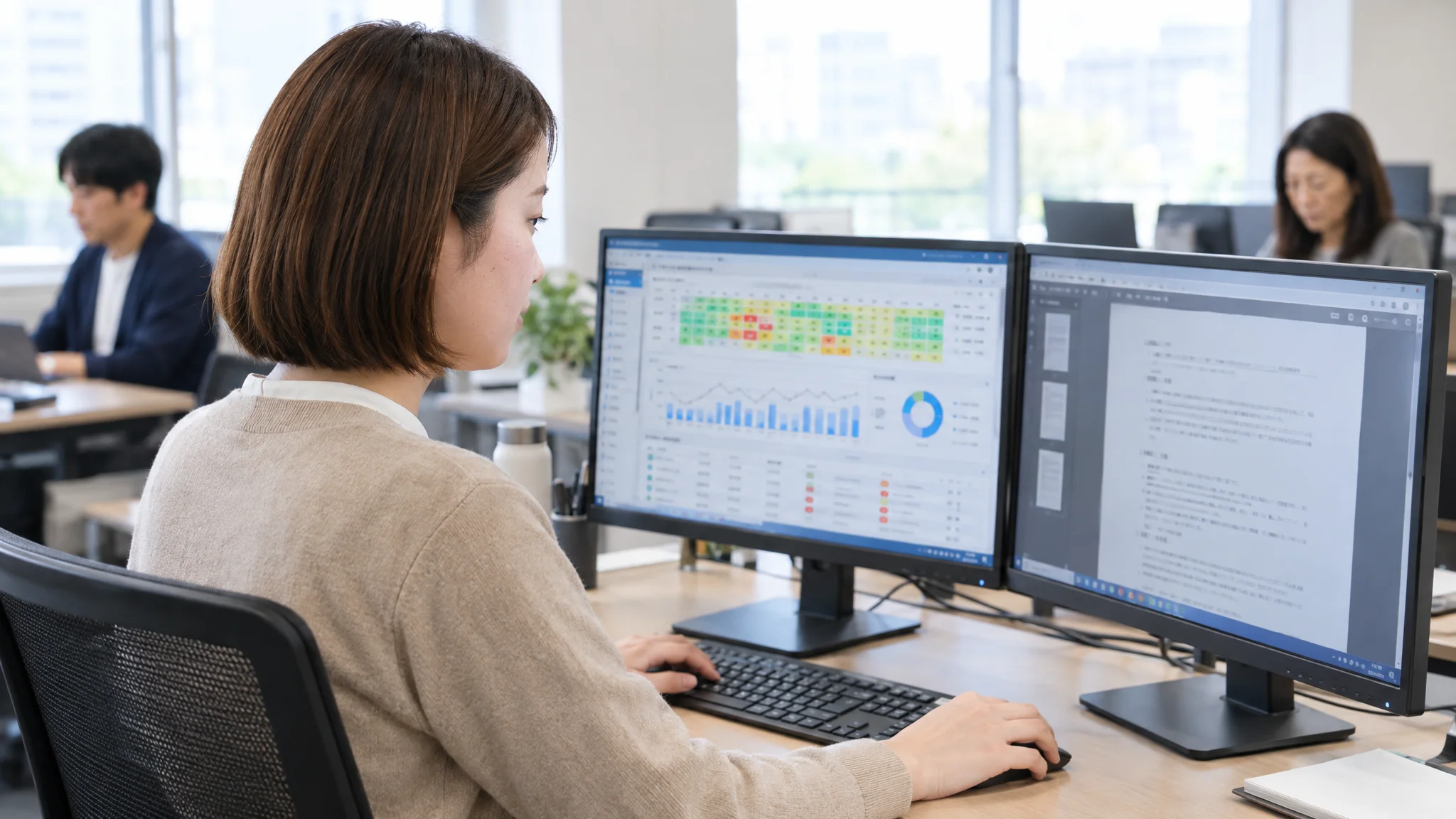 A Japanese female labor relations officer faces dual monitors at an office desk. One screen displays an attendance management system dashboard, with time-stamping heatmaps and error logs graphed. The other screen shows a PDF of work rules written in Japanese. She operates the mouse with a serious expression, checking data consistency.