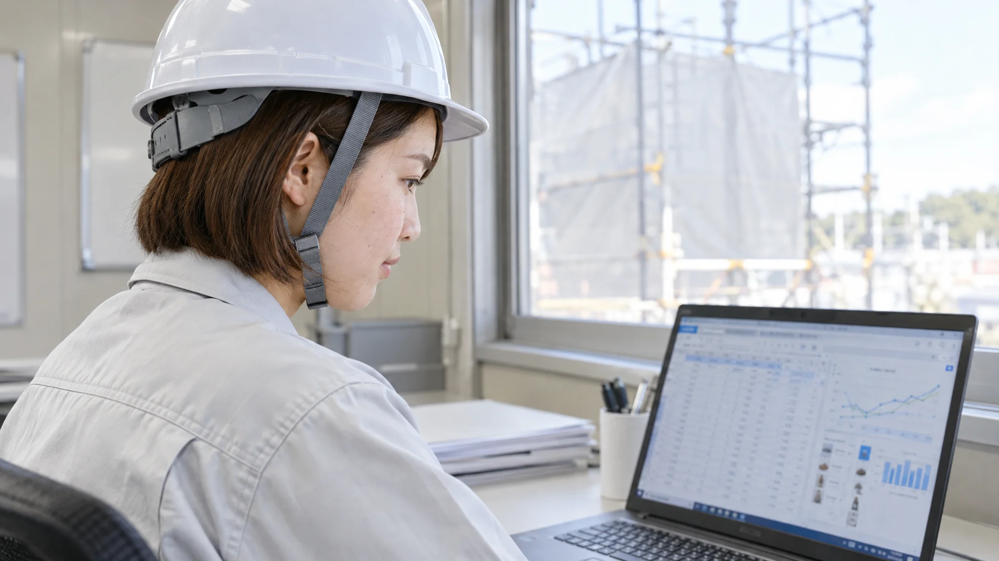 A tablet terminal installed at the entrance of a construction site. The screen shows a Japanese site worker undergoing facial recognition while wearing a helmet, with a Japanese message "Authentication Complete" appearing instantly. Construction scaffolding is visible in the background. An efficient DX site where time-stamping is completed smoothly at hand.