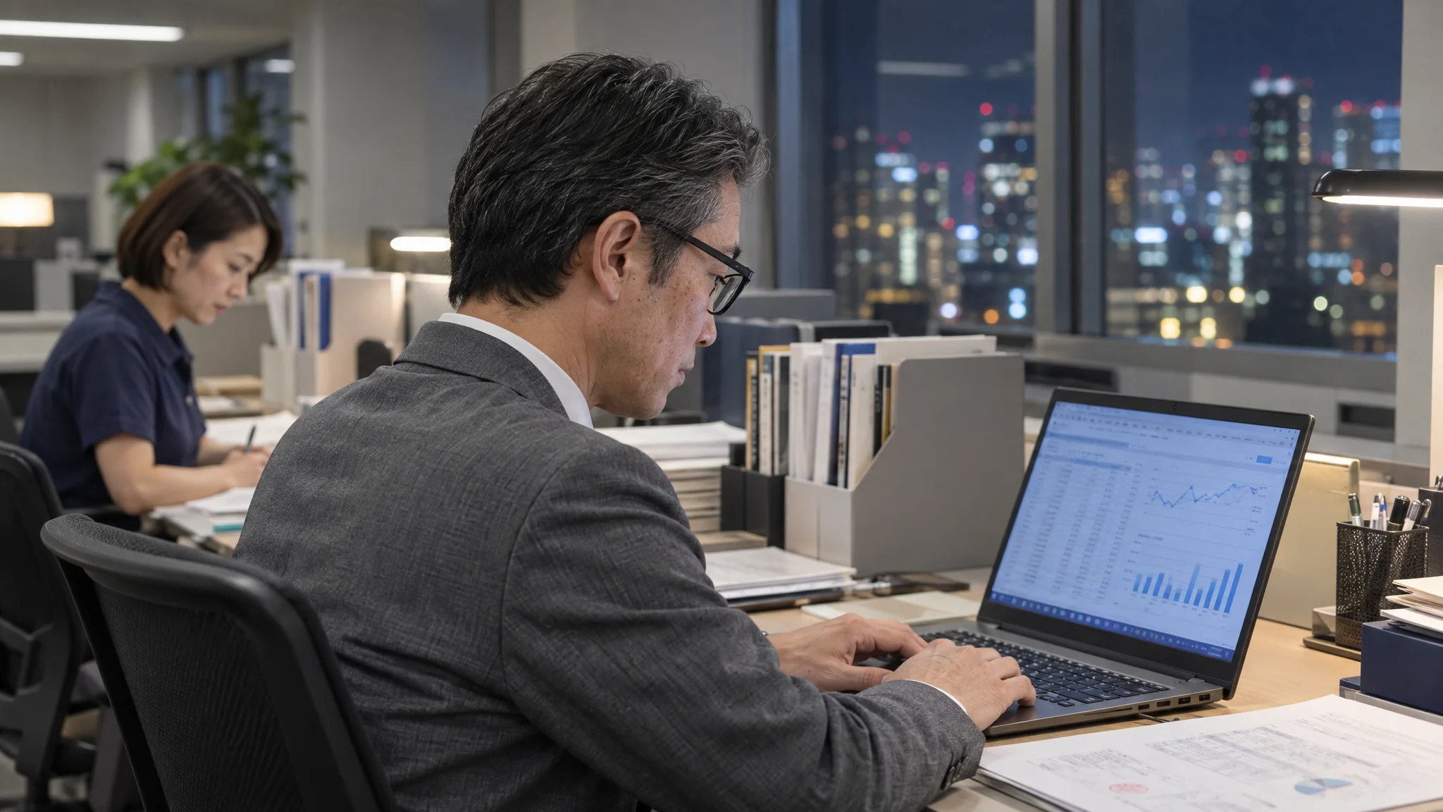 In a shared space of an office building, a Japanese data analyst holds a tablet device and checks an attendance data dashboard. The screen specifically displays a line graph showing trends in individual monthly working hours and a red warning mark indicating an alert for exceeding Article 36 Agreement limits. The person's gaze is focused intently on the screen, in a clean environment with organized plain file boxes free of specific proper nouns.