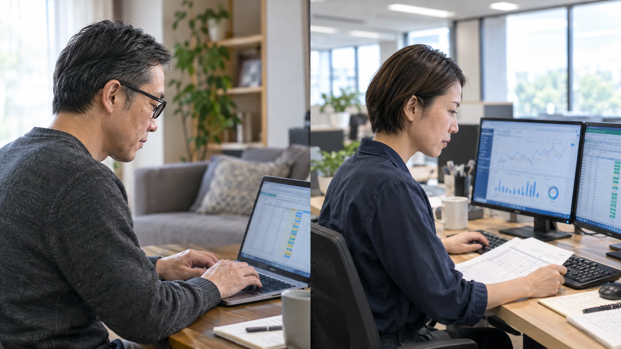 A laptop screen placed on a table in a bright conference room. Labor management software in Japanese is open, displaying a list of all employees' clock-in and clock-out status. A specific row is highlighted in orange, showing the status "Break Not Taken" in Japanese. In the background, a Japanese manager is seen working intently, cross-referencing the screen with a paper shift schedule in hand.