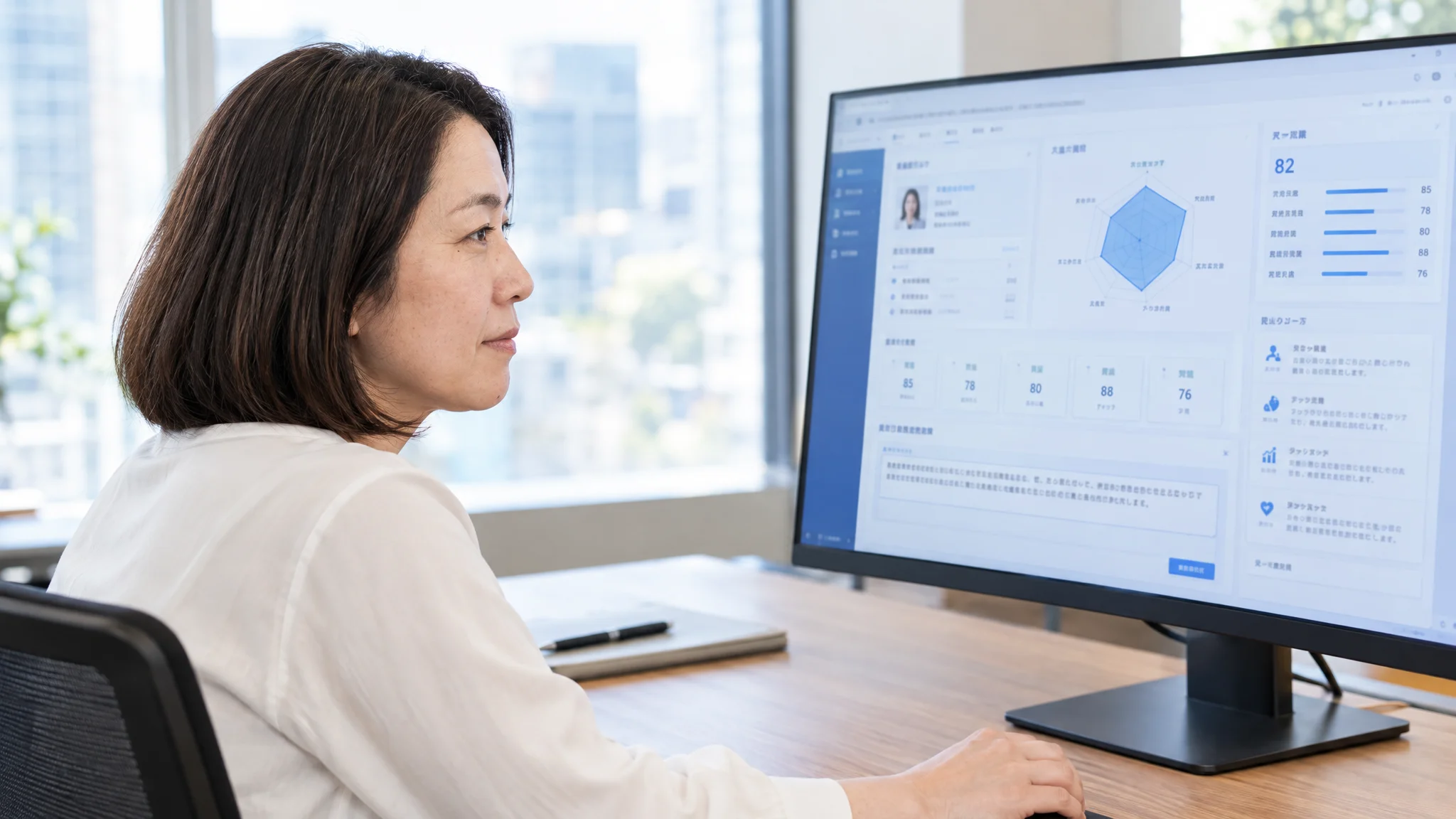In an office in Tokyo, a Japanese male HR representative holds a tablet. The screen shows evaluation results for multiple applicants in a radar chart, with each metric quantified based on the behavioral characteristics of high performers. The representative enters evaluation comments into a Japanese recruitment management system while looking at the data. On the whiteboard behind him, the words "Unification of Hiring Criteria" are written.