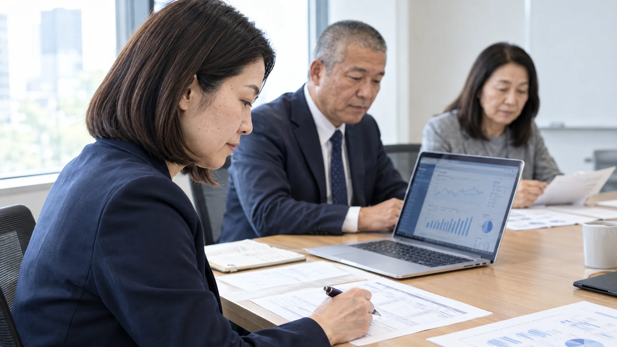 A Japanese data analyst is performing correlation analysis of recruitment data using two monitors at a desk. Japanese business analysis software is open on the screen, showing a scatter plot that compares post-hiring performance evaluation data with AI analysis scores from the interview. On the desk is a document titled "Behavioral Standards for High-Performing Talent (Competency Model)" in Japanese.