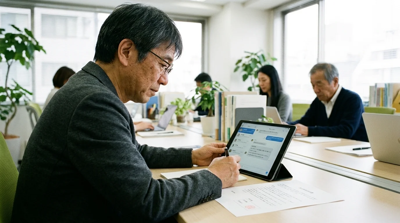 A Japanese female employee reviews a draft contract while interacting with an AI chatbot on her tablet. The screen shows the AI's explanations for her questions in easy-to-understand bullet points, and she writes on her documents with a satisfied expression. A clean, modern Japanese office space extends in the background.