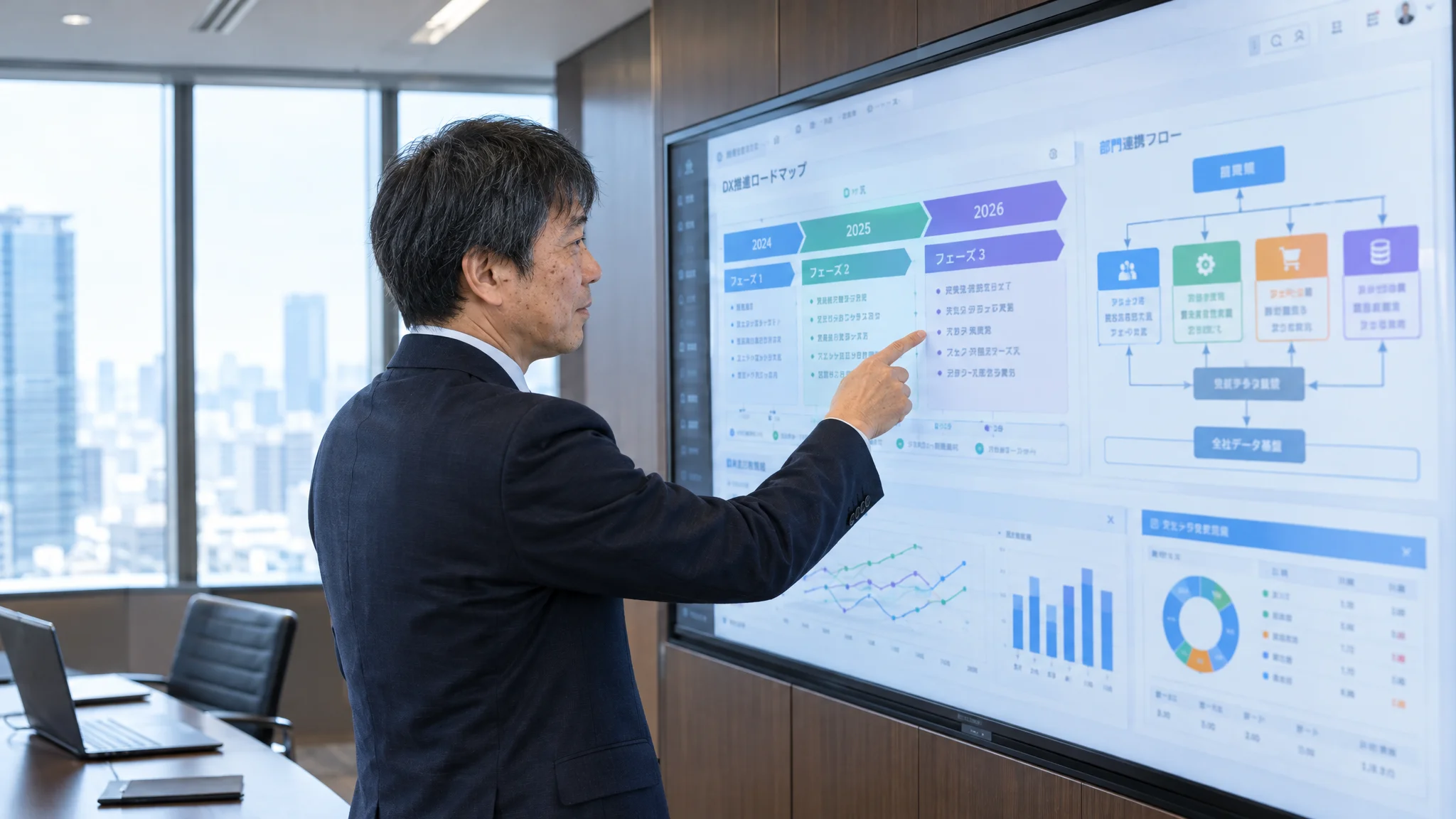 In an office conference room, a Japanese executive points to a DX promotion roadmap displayed on a large touch-panel screen. The display shows a phased plan through 2026 and a flowchart illustrating inter-departmental collaboration. Team members listen intently, capturing the high energy of the project.