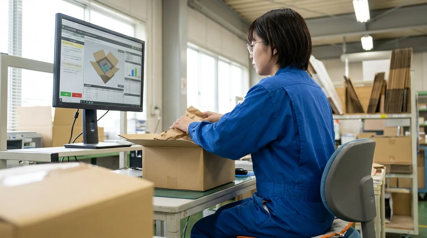 A close-up of a PC monitor at a logistics site. The screen displays a Japanese packing instruction system, with specific instructions such as "Noshi: Year-end Gift (with name printing)" and "Cushioning: 2 bottom sheets, 4 side sheets" shown in highlighted boxes alongside product images. A pie chart indicating the current progress rate is displayed on the right side of the screen. In the background, a Japanese warehouse staff member immersed in work is slightly visible over their shoulder.