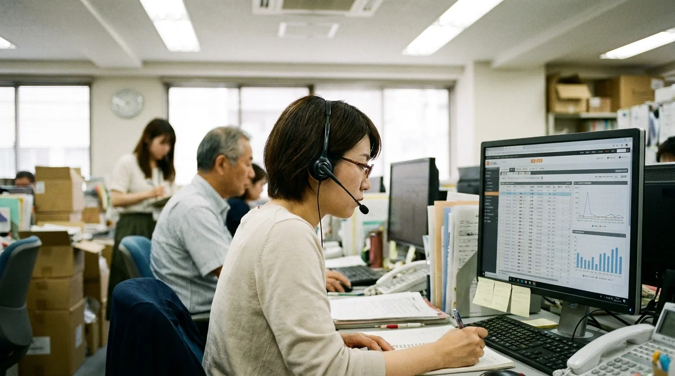 A Japanese data analyst is staring at a laptop screen at a clean office desk. The screen displays a complex dashboard showing delivery status and inventory trends, with legends in Japanese. The person's gaze is fixed on a tablet in their hands, analyzing data with a serious expression. Outside the window, a view of office buildings in an urban Japanese area is visible, with soft afternoon light streaming in.
