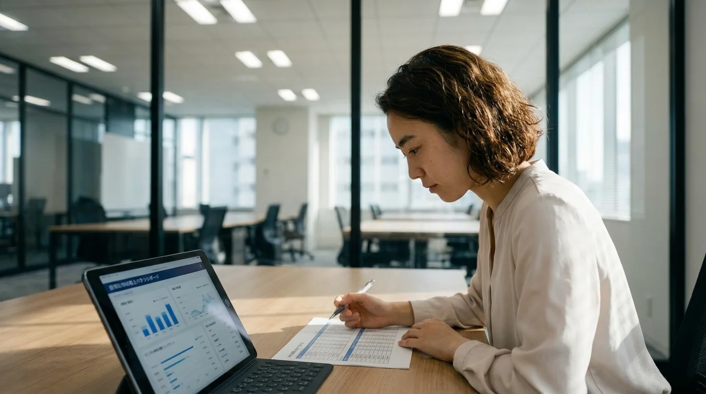 A meeting room at a Japanese EC business hub. A tablet on the table displays a UGC tool dashboard. A line graph shows an upward trend, with figures in Japanese indicating how much specific social media posts contributed to sales. In the background, the profile of a Japanese data analyst focused on work is visible, their gaze fixed on the documents in hand.