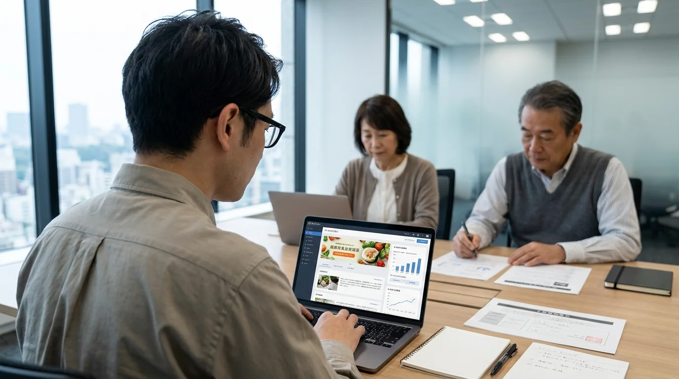A modern Japanese office. A worker holds a tablet, simultaneously checking store sales data and ad approval statuses. Behind them are organized shelves with boxes labeled in Japanese. Their gaze is fixed on the screen in their hands, showing deep concentration. The screen displays software with graphs and list formats.