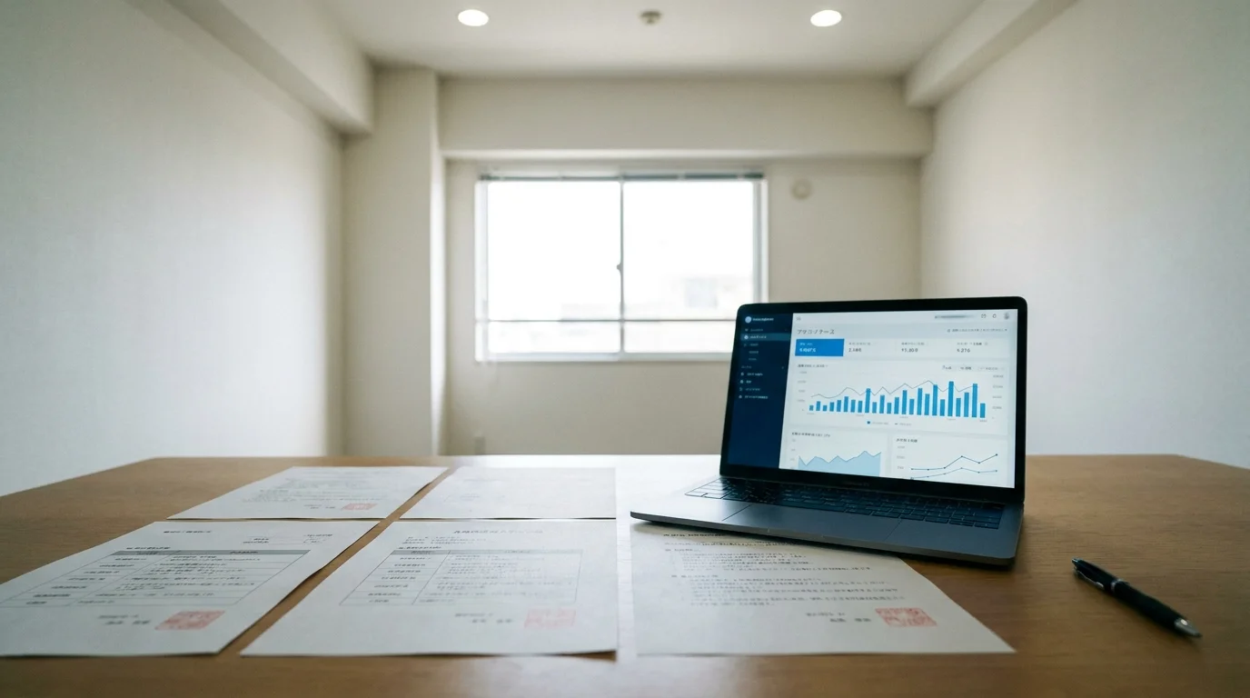 Japanese documents placed on a conference room table. The horizontal layout features "Ad Review Standards" written in the top left. Next to it is a laptop displaying complex data charts, with a blue bar graph showing an upward trend. No people are shown, representing the fusion of technology and legal compliance in a serene environment.