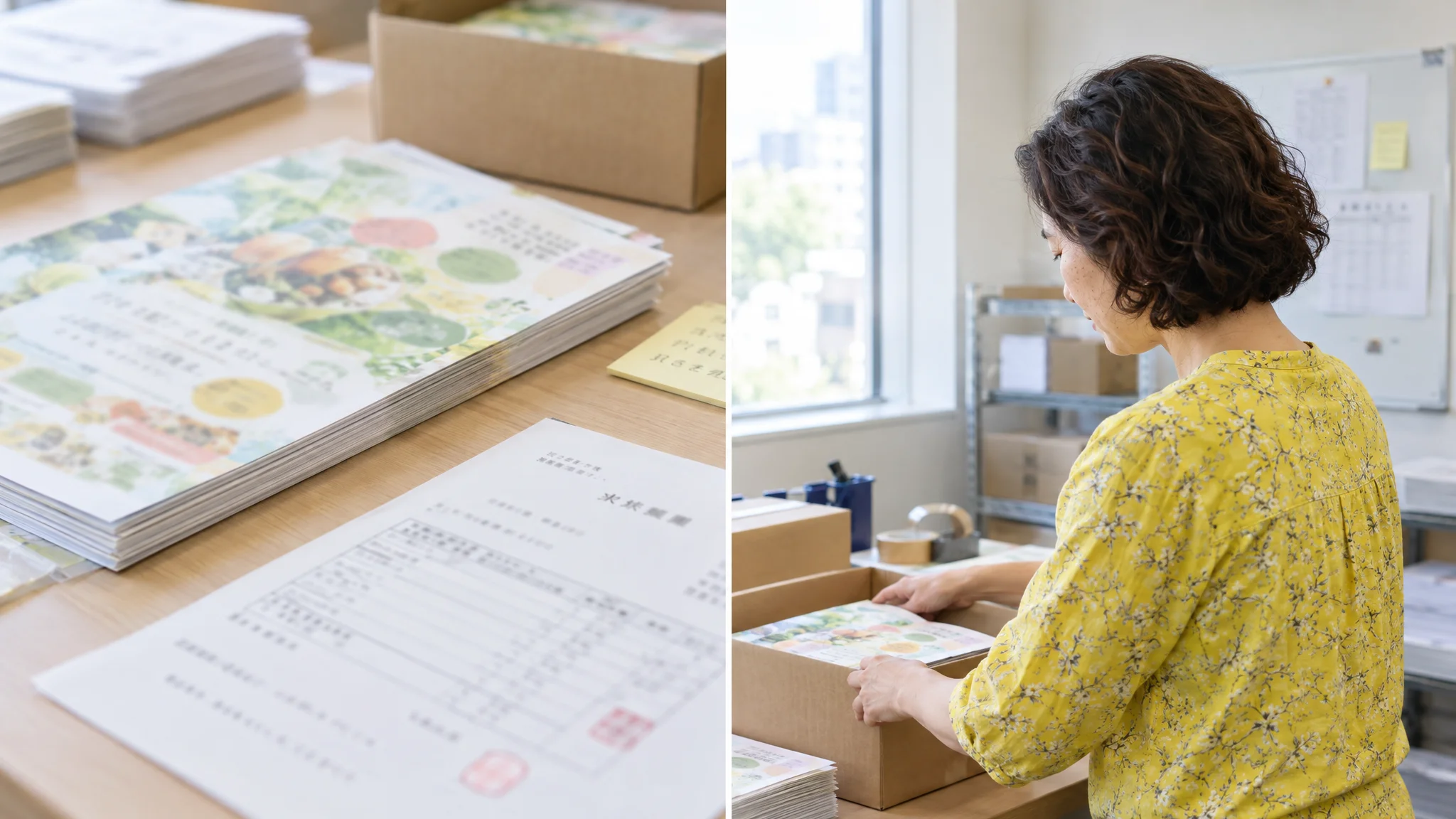 A clean workspace with a plain white wall in the background. A Japanese female staff member is placing personalized message cards generated by AI into cardboard boxes ready for shipment. Her eyes are focused on the box in front of her as she works with care. Packing materials without brand logos and shipping instructions written in Japanese are neatly arranged around her.