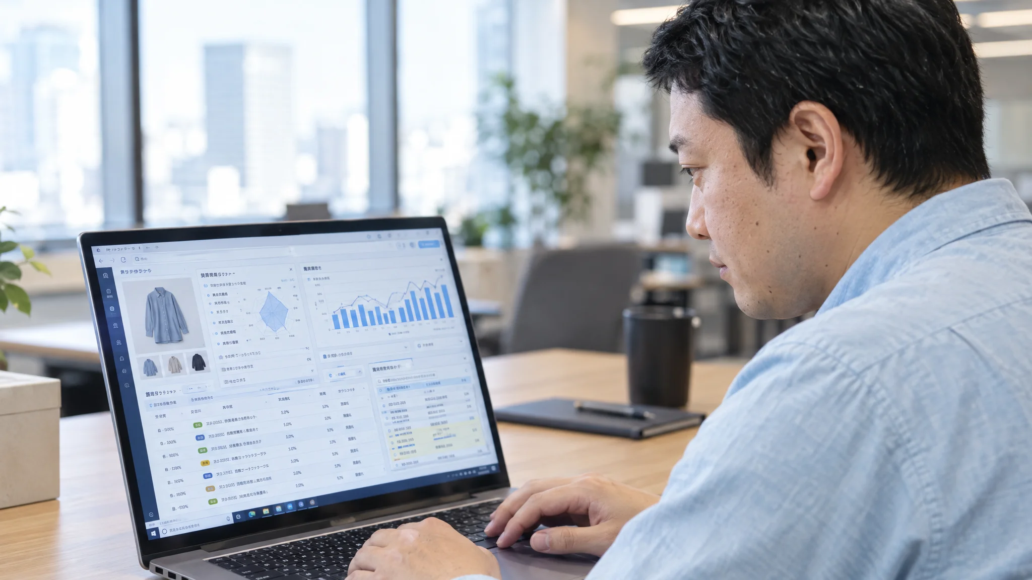 In a Tokyo office, a Japanese data analyst sits at a desk, intently focused on a complex data dashboard on a laptop screen. The screen displays line graphs showing fluctuations in global tariff rates and a list of AI-generated HS codes. The person is captured from a 45-degree angle, with their gaze concentrated on the keyboard and screen. Modern office interior is blurred in the background.