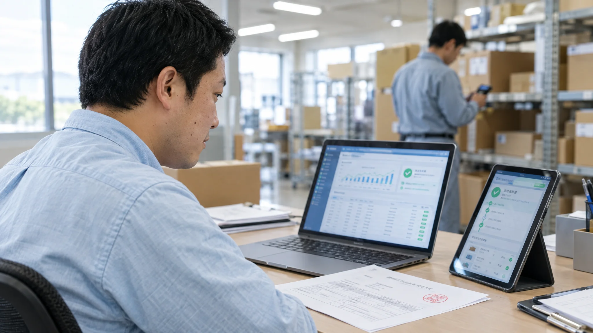 An office space within a Japanese logistics hub. On the desk, there is a shipping certificate stamped with a Japanese hanko and a tablet device. The tablet screen shows real-time cargo delivery status updates and an AI-verified inspection checkmark. In the background, a Japanese logistics staff member is organizing shelves with their back turned, eyes fixed on a handheld barcode reader.