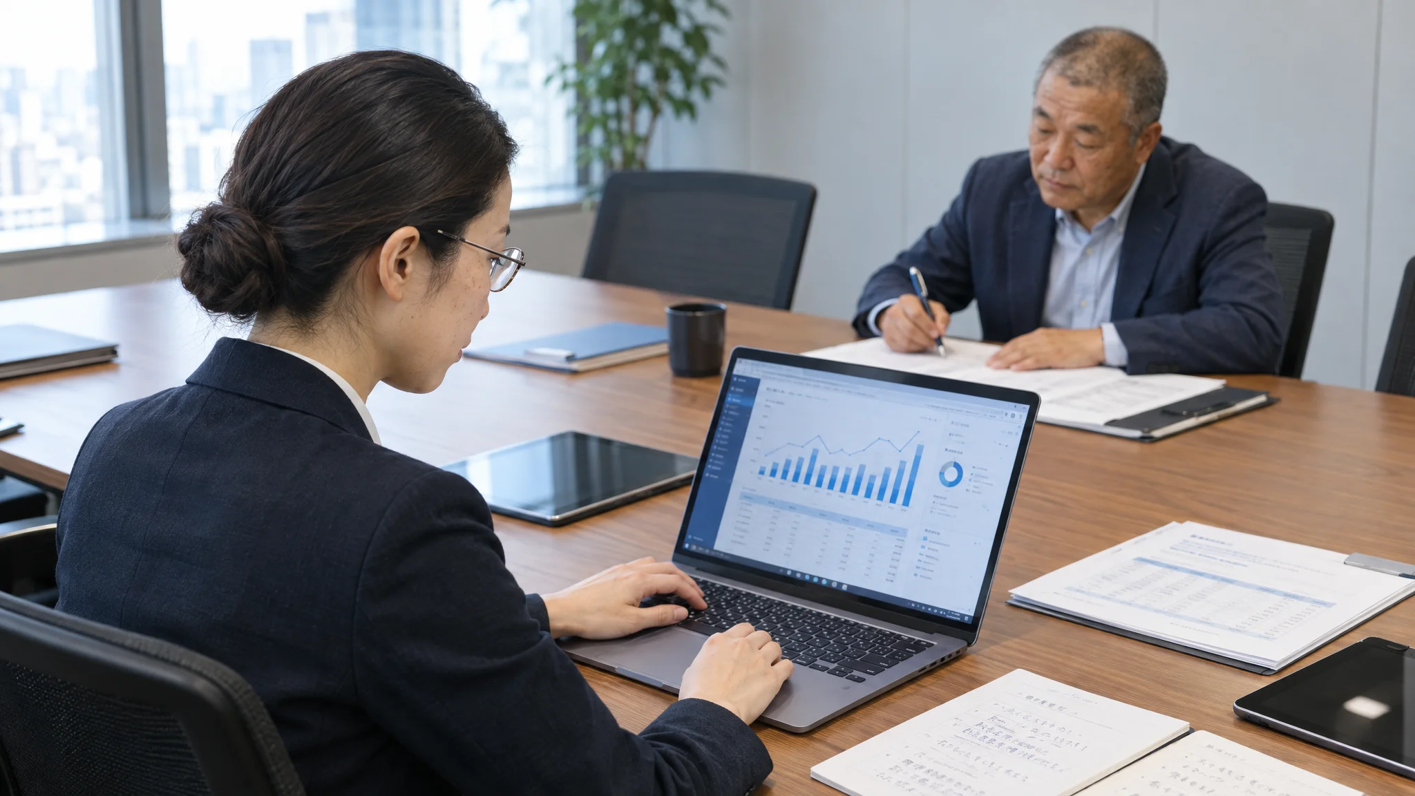 In a modern conference room, a Japanese executive operates a large touch-panel display. The screen shows a dashboard of customer satisfaction trends and a graph of inquiry reduction rates after AI bot implementation. The executive gazes at the screen from a 45-degree angle, focused on the analysis. Japanese documents are lined up on the table, creating a calm business atmosphere.