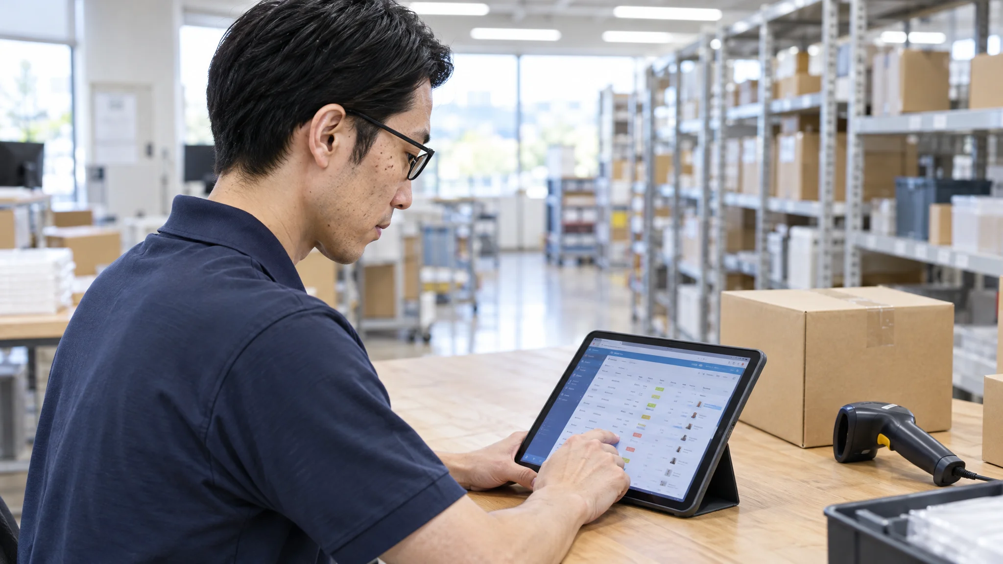 Inside the logistics warehouse of a Japanese e-commerce company. Organized products line the shelves, and at a workbench in the foreground, a Japanese female staff member performs packing tasks while checking a tablet. Her gaze is fixed on the screen with a serious expression. The screen shows a Japanese management interface with the status "Order Confirmed / Ready for Shipment." The background is bright, depicting a clean and efficient workplace.