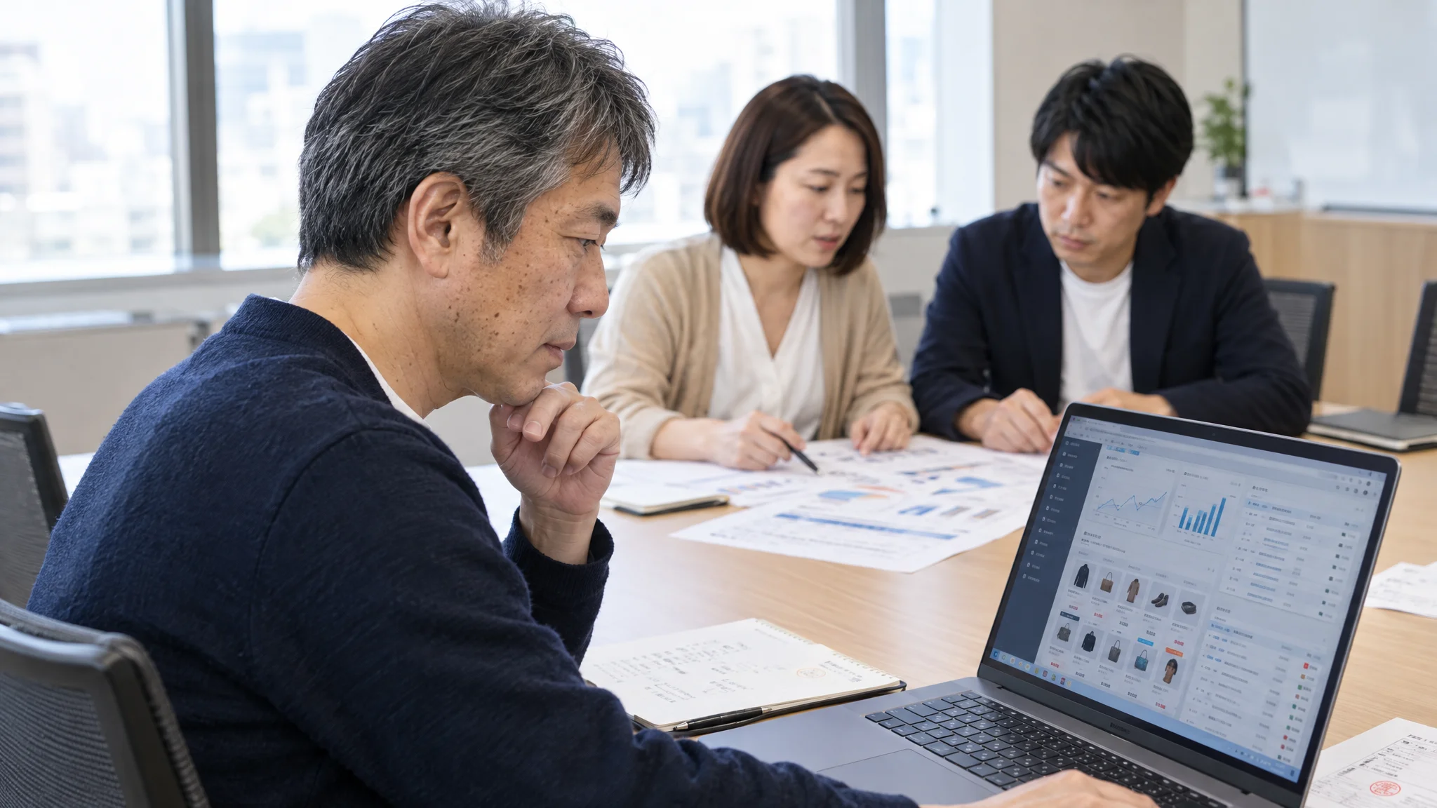 A conference room in Tokyo. A Japanese male executive is staring at a laptop screen from a 45-degree angle. The screen displays a Japanese report showing EC site sales trends and the number of blocked fraudulent orders. A pen and Japanese business documents are placed nearby, with soft afternoon light streaming in through the window. A simple office environment with no brand logos.