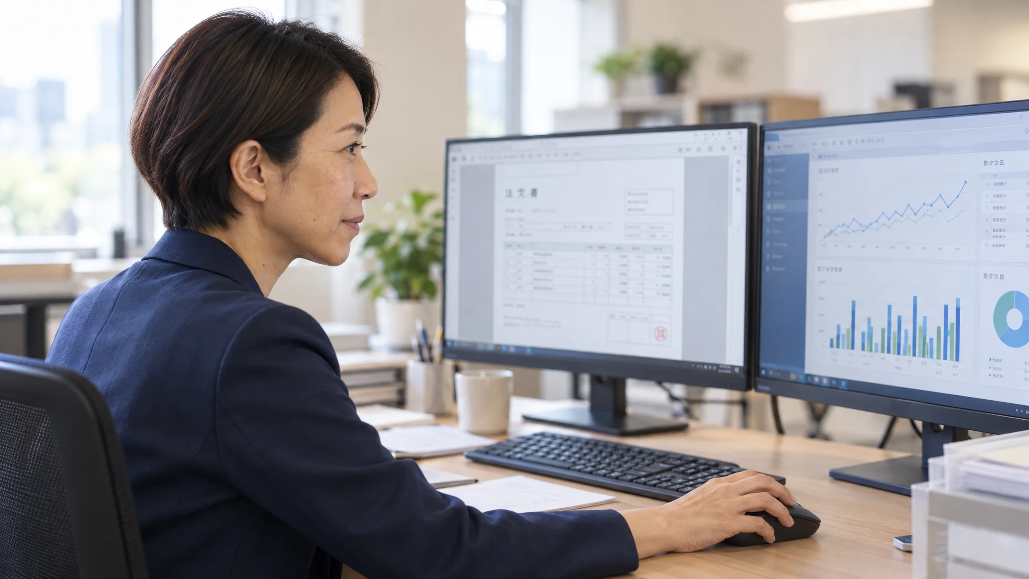 A Japanese data analyst is reviewing order data converted from FAX on the left side of a dual-display setup, with a sales analysis dashboard on the right. Their gaze is focused intently on the screen, with their hand operating the mouse visible. A clean business style in a standard Japanese office environment.