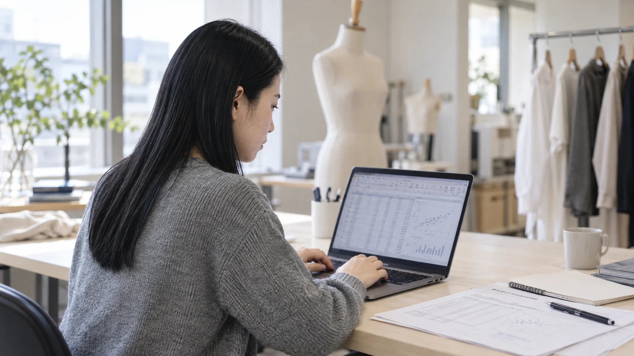 A desk in a clean apparel photography studio. A Japanese data analyst is intently reviewing a scatter plot of AI measurement data displayed on a laptop screen. Their gaze is fixed on the screen, and a document titled "Size Error Analysis Report" in Japanese is placed nearby. Spreadsheet software displaying numerical data for each measurement item is open on the screen.