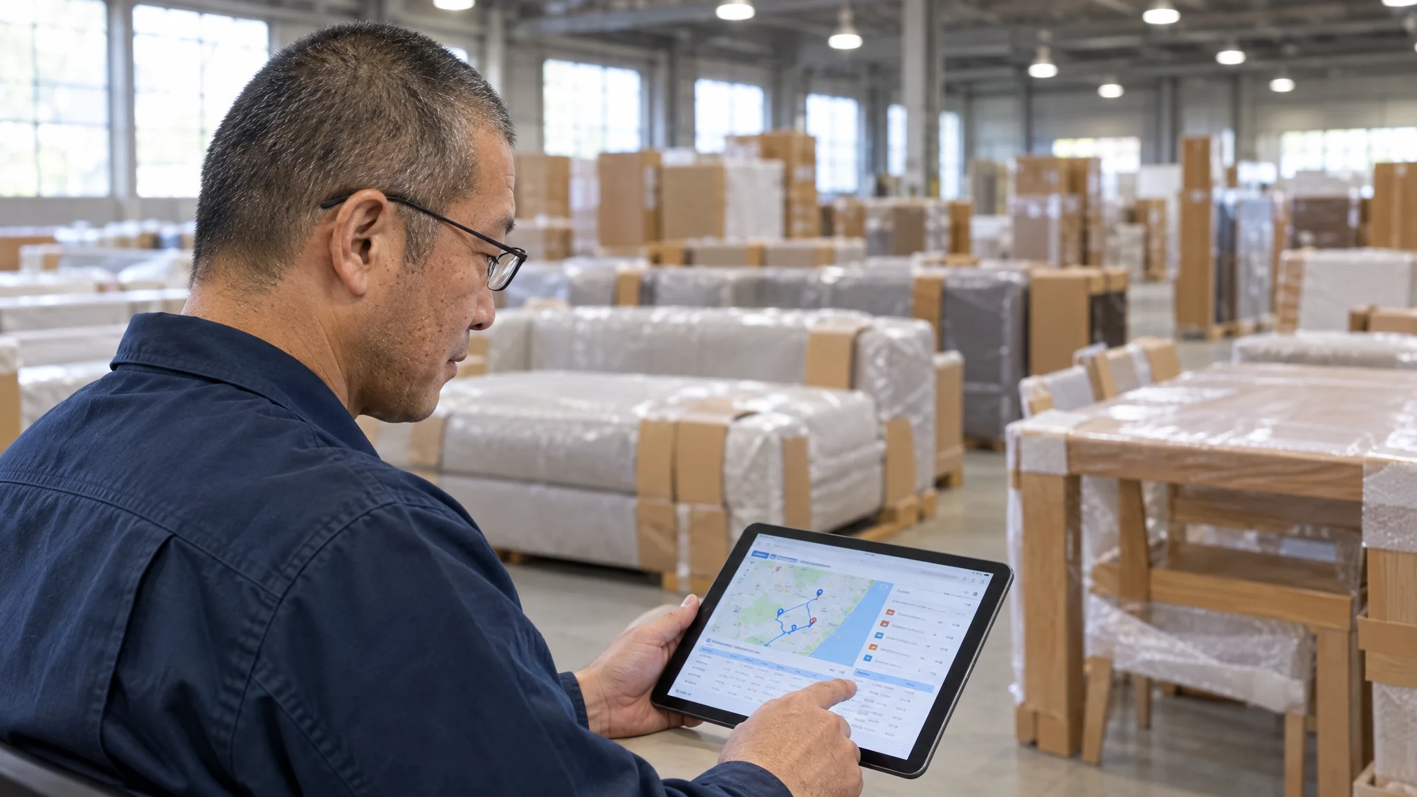 At a Japanese logistics hub, a Japanese store manager and a delivery supervisor are holding a meeting while checking a tablet device. The tablet screen shows real-time location information for furniture delivery vehicles and an optimized delivery schedule proposal. In the background, large sofas and dining tables awaiting delivery are carefully packed, reflecting the meticulous attention to detail characteristic of Japanese delivery sites.