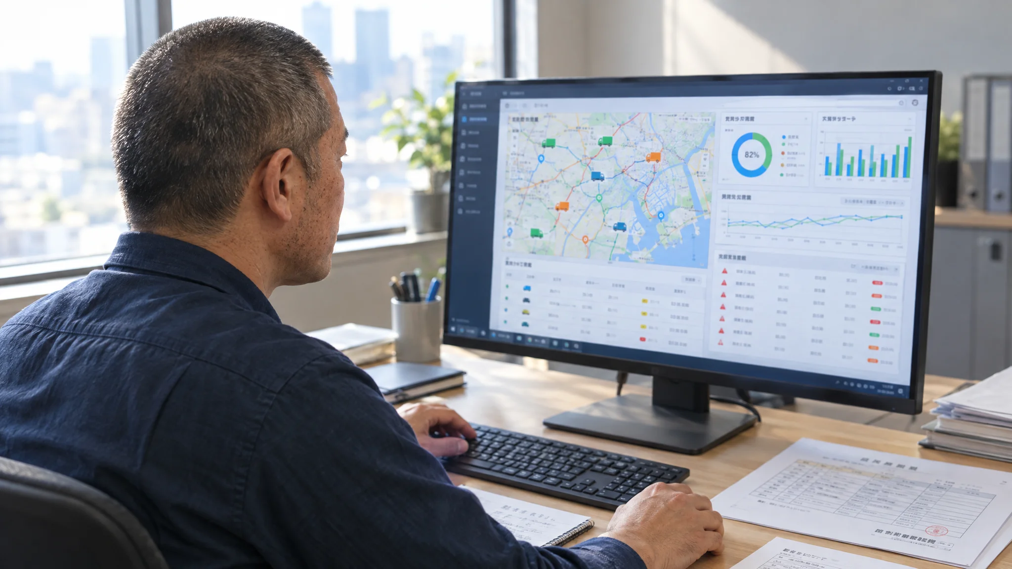 In an office, a Japanese executive gazes at a large dashboard screen. The screen visualizes the logistics networks of major Japanese cities in 3D models, displaying analytics data such as vehicle utilization rates and delivery delay risks for each area. A logistics strategy report written in Japanese lies at hand, as their gaze is fixed on the screen for data-driven decision-making.