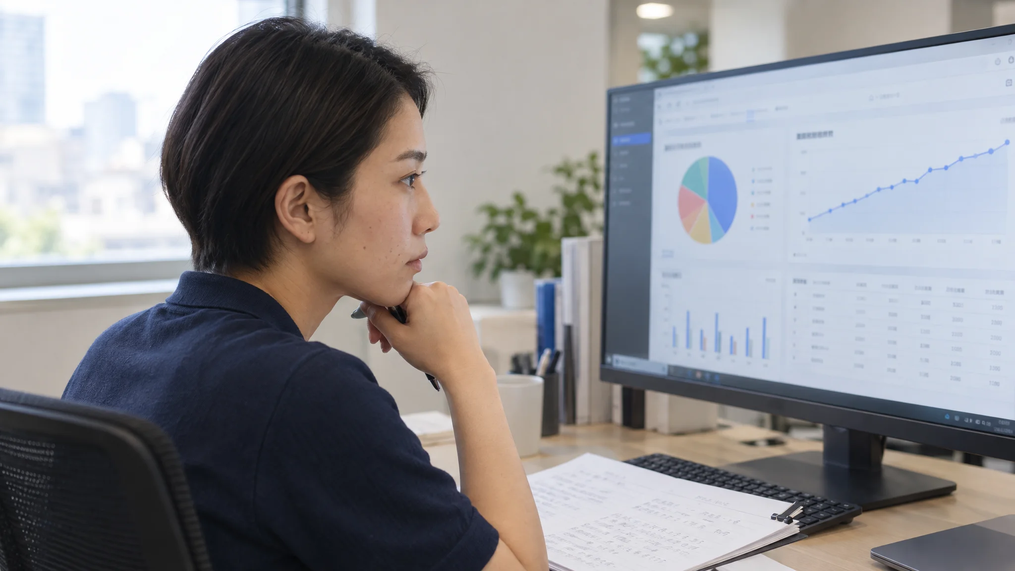 日本人のデータアナリストが、大型モニターに映し出されたECサイトの売上分析ダッシュボードを注視している横顔。画面には、色分けされた円グラフや、右肩上がりのリピート率推移を示す折れ線グラフが鮮明に表示されている。アナリストの手元には日本語のメモが置かれ、視線は分析数値の細部に落ちている。オフィス内は静寂に包まれ、データに向き合う集中力が感じられる一枚。