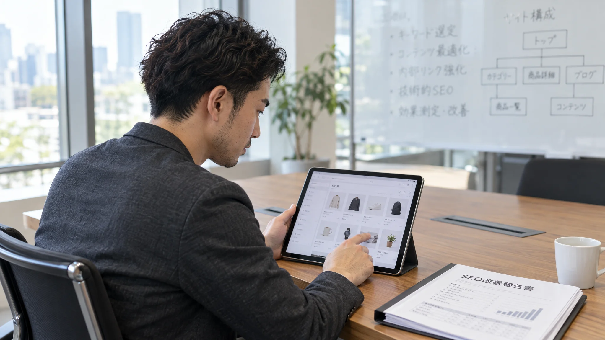 In a bright meeting room, a Japanese decision-maker is operating a tablet device. The screen shows the revamped EC site loading at high speed as they review the improvements with a staff member nearby. The person's gaze is focused on the device, captured from a diagonal angle. On the table sits a binder titled "SEO Improvement Report" in Japanese and a plain white mug. In the background, a whiteboard is covered with complex site structure diagrams written in Japanese.