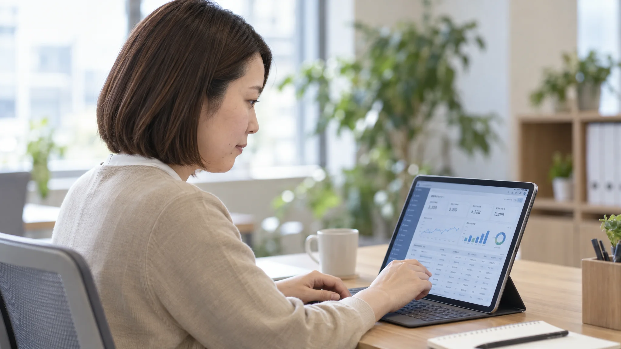 A Japanese customer success representative works while checking a tablet device. The screen shows a customer management dashboard configured in Japanese, with each customer's satisfaction score updated in real-time. The background features a clean Japanese office interior with indoor plants.