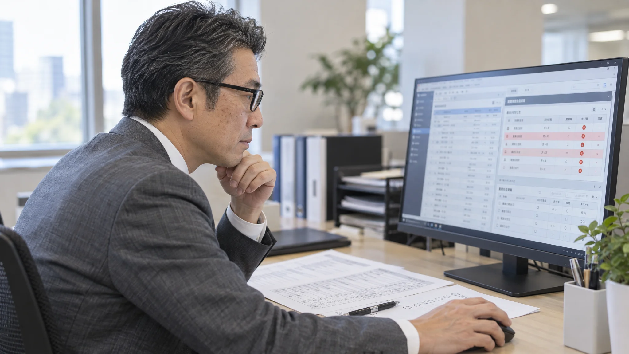 A Japanese data analyst reviews a dashboard screen in an office where multiple raw material specification sheets have been digitized. On the screen, allergen information extracted by AI is highlighted in red and compared against automatically generated label drafts. The analyst calmly tracks the consistency of the data, looking back and forth between the physical documents and the screen.