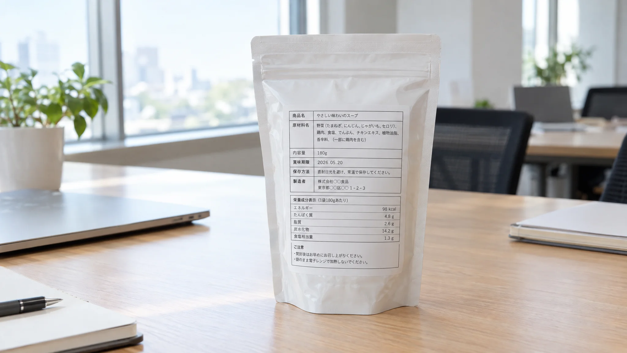 On a table in a quiet conference room, plain food packaging and samples of mandatory labeling labels correctly printed in Japanese are neatly arranged. Soft light streams through the window, symbolizing a clean and disciplined quality control system. No people are shown, and documents containing accurate information are laid out in an orderly fashion.