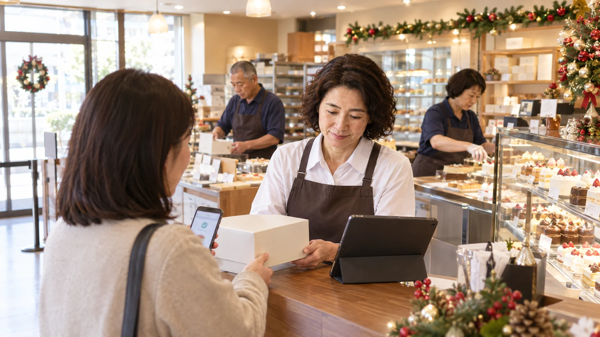 A scene in the backroom where a store manager is checking a tablet. The screen displays the day's pickup schedule in a graph, making it clear at a glance how many cakes are needed for each time slot and who has completed their payment. A display of organized information management that does not rely on handwritten notes or sticky notes.