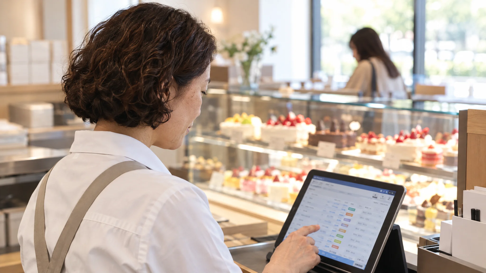 A scene at a store's pickup counter where a customer presents a QR code on their smartphone and a staff member scans it with a dedicated terminal. The moment it is scanned, the reservation details are displayed prominently on the screen, and the staff member retrieves the product from the back shelf without hesitation. A smooth and efficient customer service scene utilizing technology.