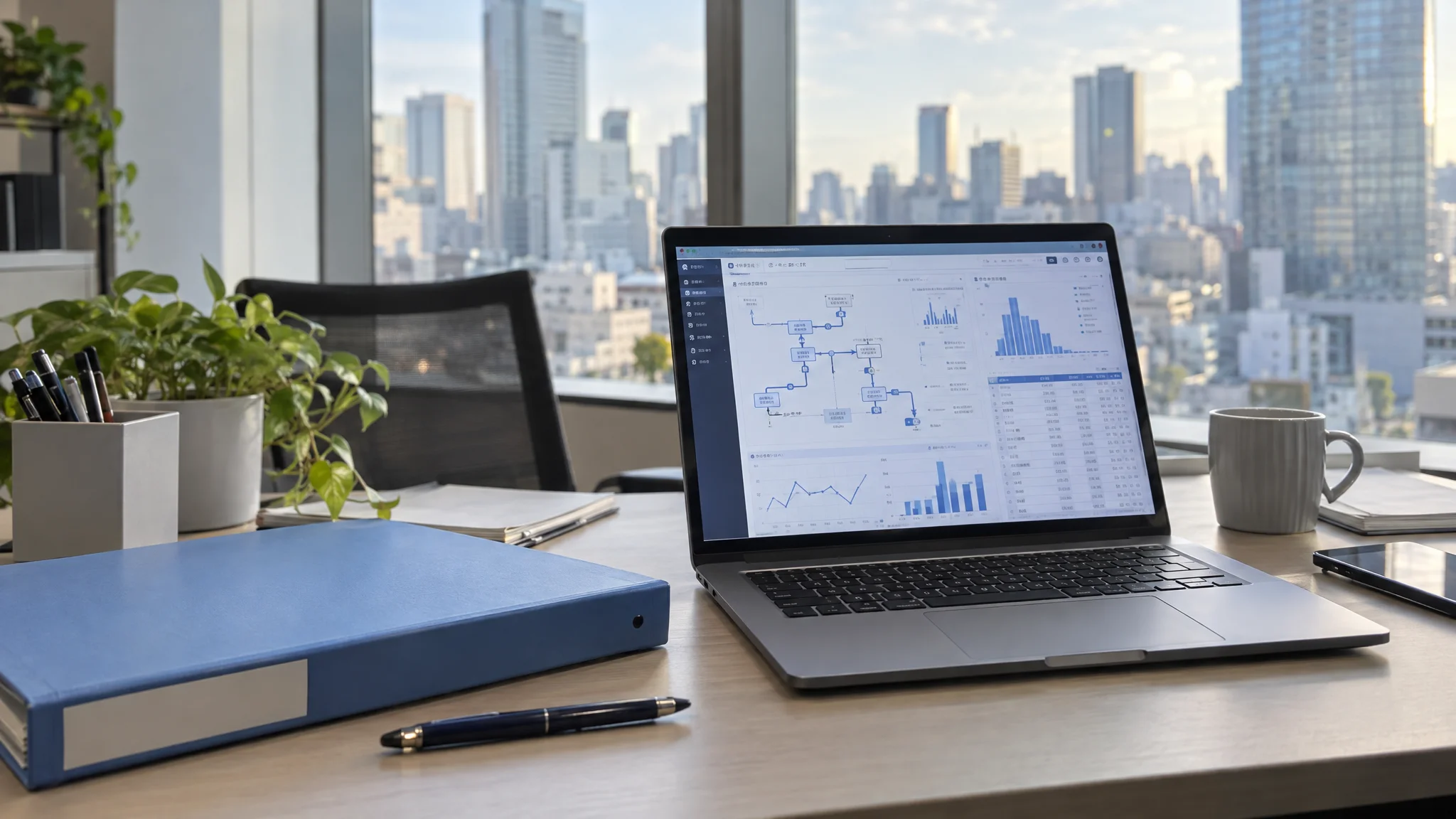 A process mining tool dashboard is displayed on the screen of a laptop sitting on a desk. On the screen, bottlenecks are indicated by the thickness of arrows between Process A and Process B, alongside histograms showing the distribution of processing times. In the foreground lies a blue folder labeled "Process Improvement Plan" in Japanese, with the skyscrapers of Tokyo's business district visible through the window.