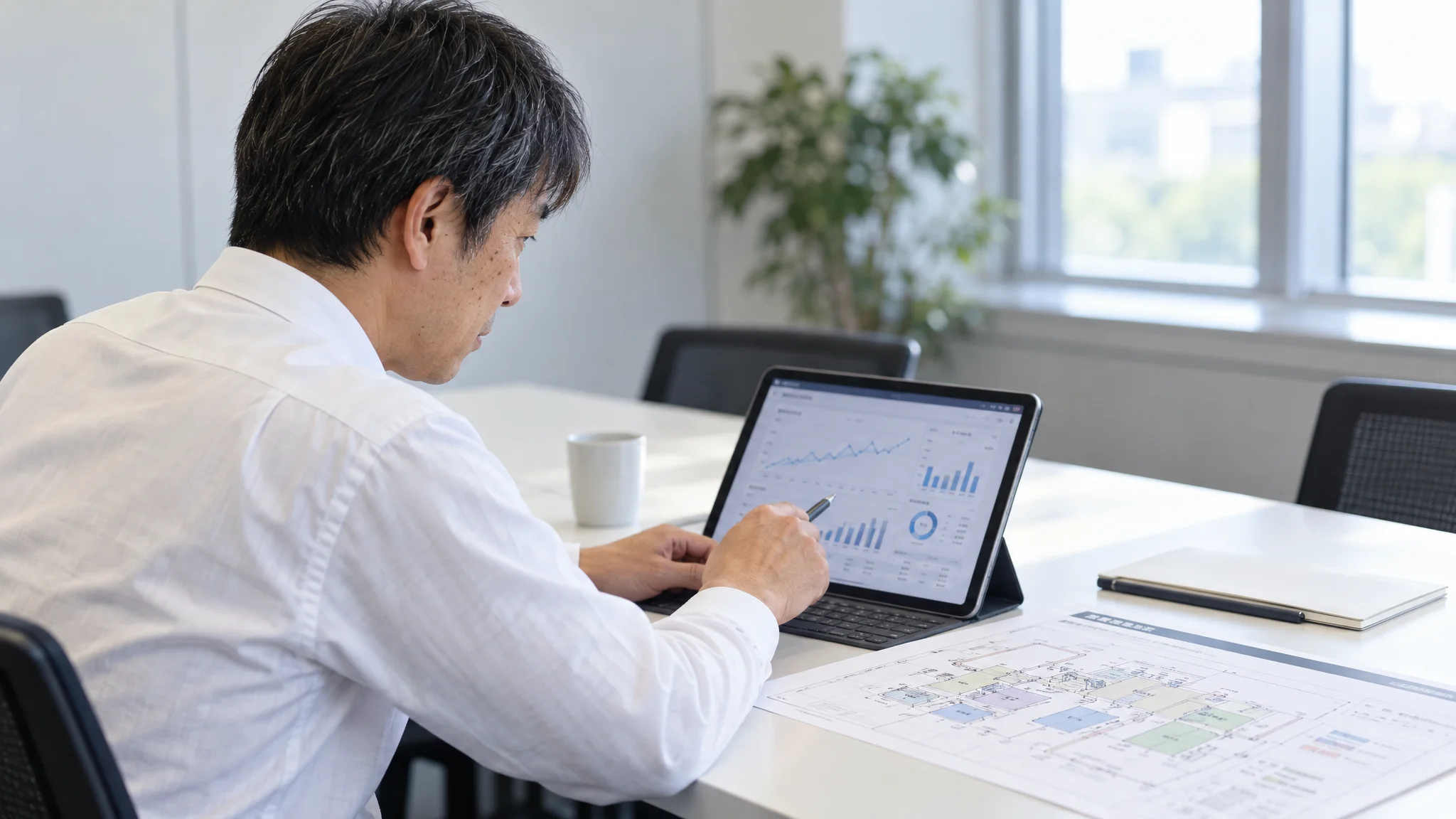 A factory layout drawing and a tablet sit on a white table in a meeting room. The screen displays the latest yield trend graph. A Japanese data analyst points to a specific value on the screen; their face is out of frame, capturing only their clean shirt cuff and their hands focused on the task. A bright space with light streaming in at an angle.