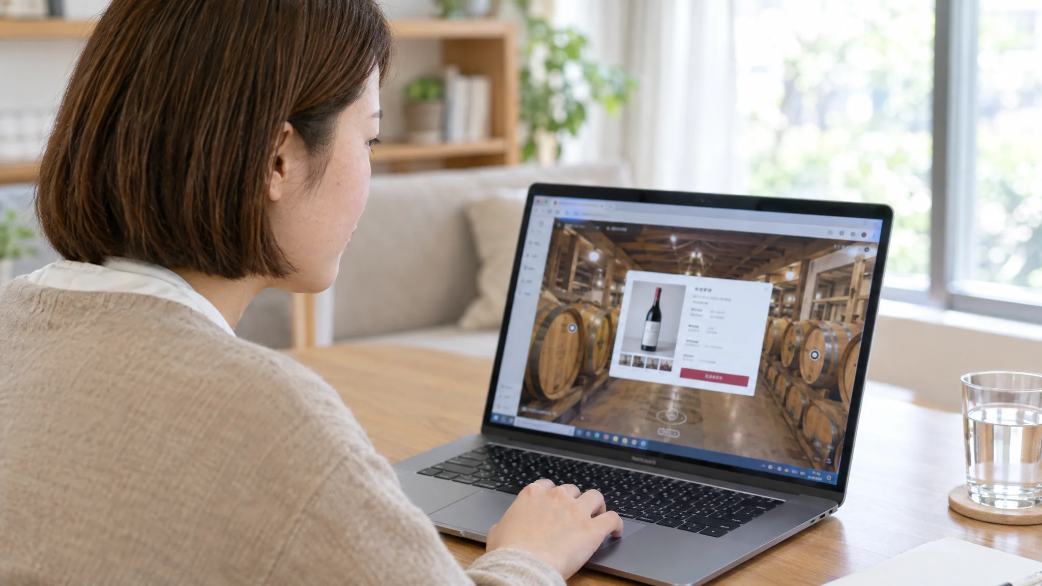 In a Tokyo office, a Japanese data analyst sits at a desk, intently observing an access analysis dashboard for a virtual factory tour. The screen displays topic analysis of conversations between the AI guide and participants, as well as line graphs showing trends in dwell time. The analyst's gaze is directed at a tablet in hand, captured from a 45-degree angle as they compile the analysis results into a report in Japanese.