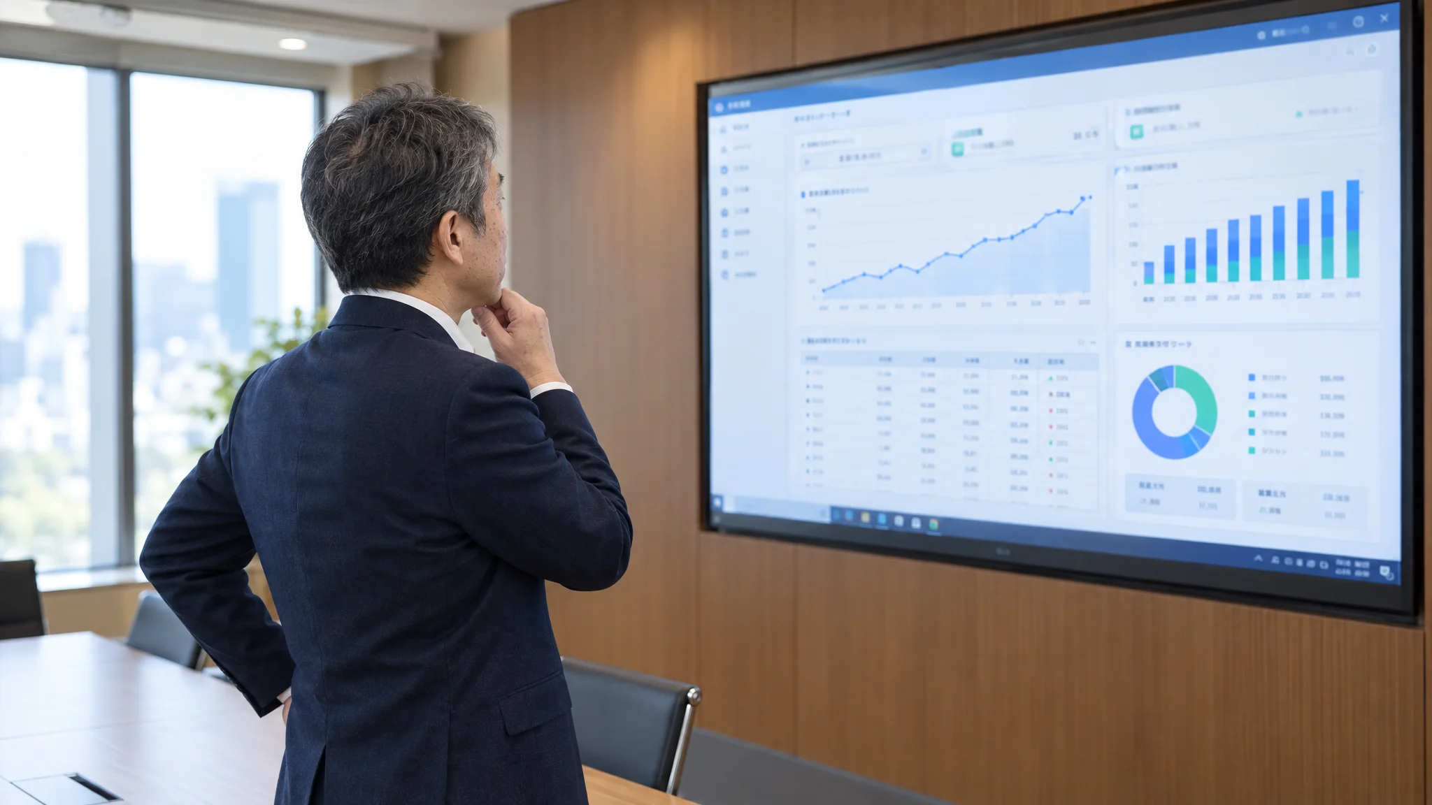 A system architecture diagram displayed on a large screen in a modern conference room. In the center is a "Generative AI Guide" icon, with lines extending to a production line live camera, an inventory management system, and an EC site database. A Japanese executive stands in front of the screen, pointing at the diagram while considering a next-generation digital PR strategy. Their gaze is fixed on the detailed data on the screen.