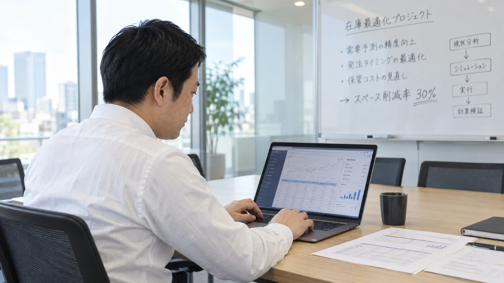 清潔感のあるオフィスの会議室で、日本人の専門家とスタッフがノートPCを囲んで話し合っている。画面には日本語の在庫削減シミュレーション結果が表示され、ホワイトボードには「スペース削減率30%」と日本語で力強く書かれている。実務的な議論が行われている様子。