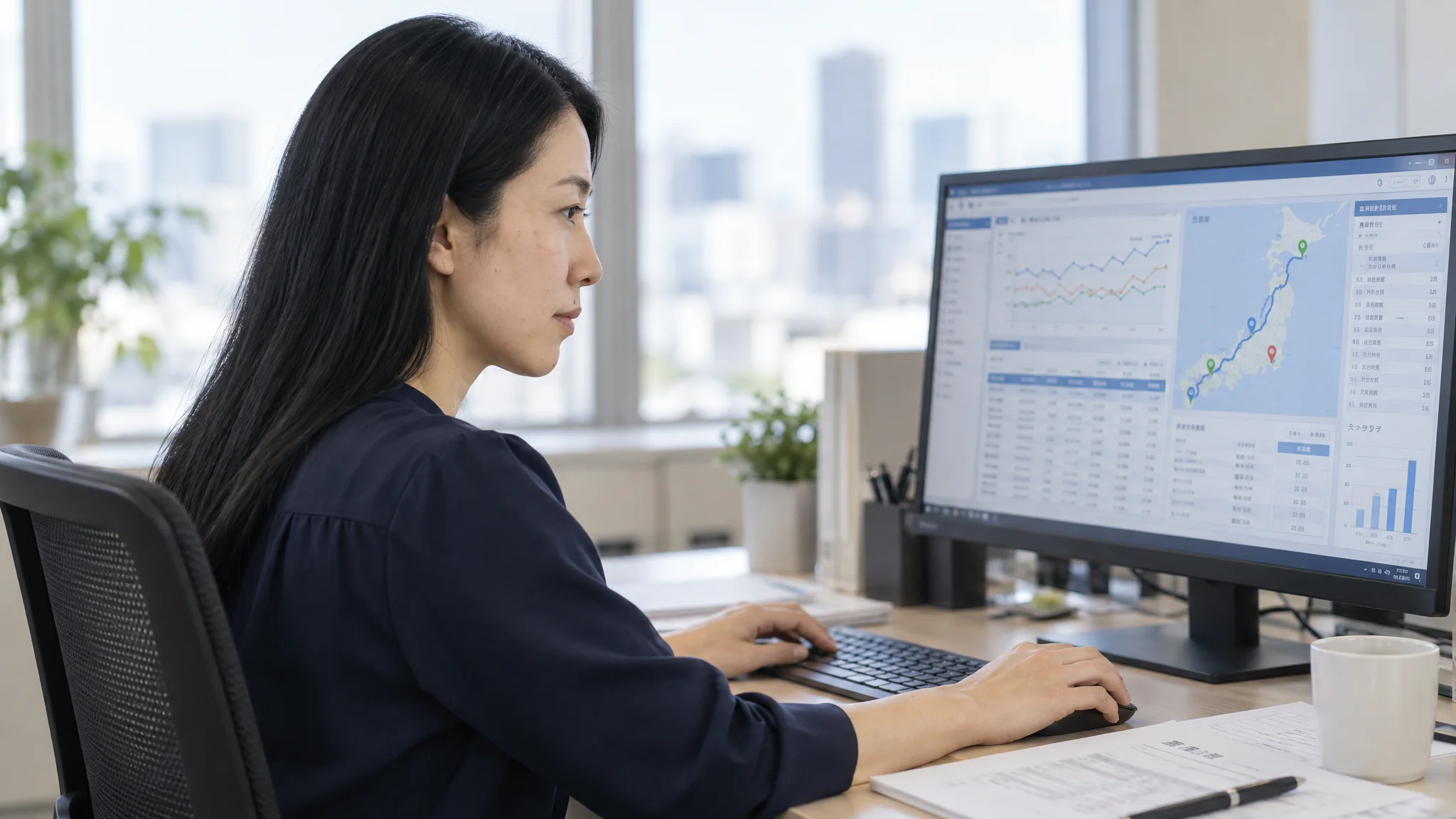 A Japanese data analyst in a Tokyo office focuses on a delivery management dashboard displayed on a PC monitor. The screen shows delivery routes mapped across Japan, with real-time line graphs of temperature trends at each point. The analyst's gaze is fixed on the numerical data, their profile illuminated by soft light from a window as they concentrate on the analysis.