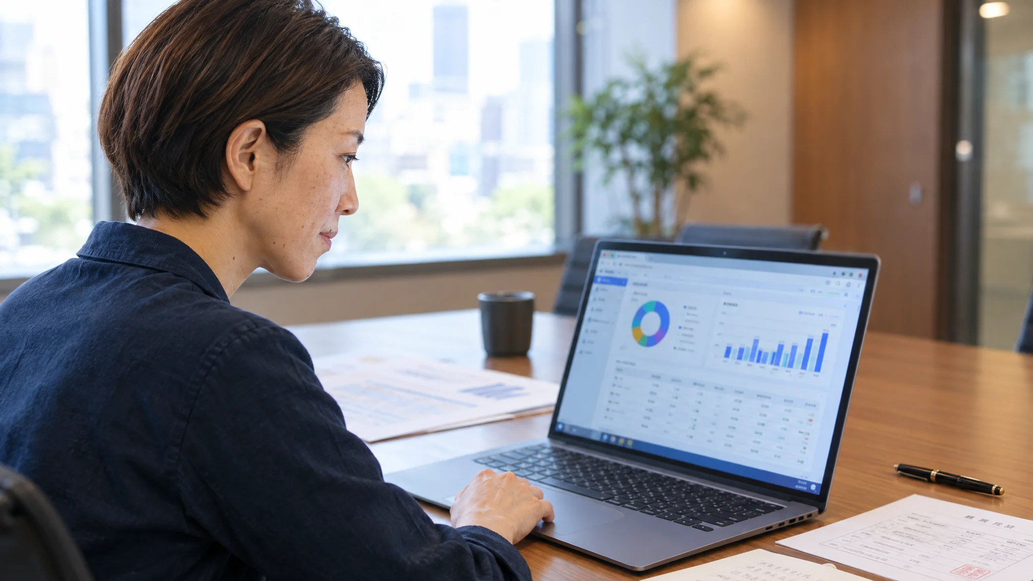 A Japanese executive reviews an AI-generated quality analysis report on a conference room table. The report is titled "Delivery Quality Improvement Report" in Japanese and features pie charts comparing incident rates before and after improvements, along with monthly trend bar graphs. A fountain pen sits by the executive's hand as they trace key sections of the document with a finger, their serious expression captured from a 45-degree angle as they strategize.